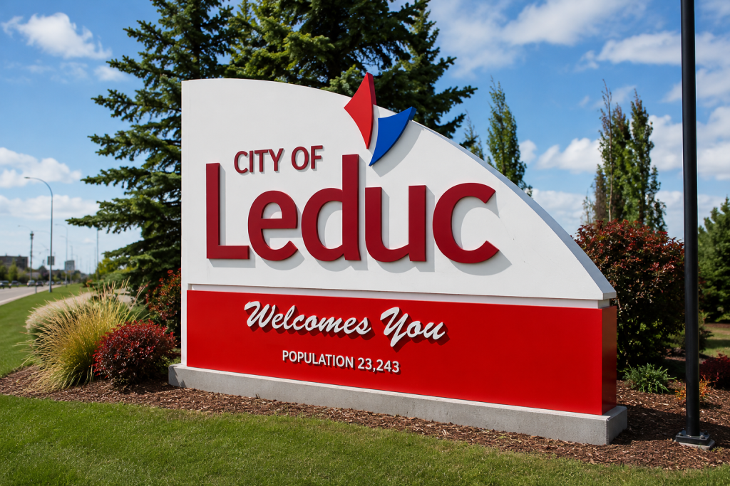 City of Leduc welcome sign at the entrance to Leduc, Alberta, served by Advanced Fire Protection's commercial fire protection services.