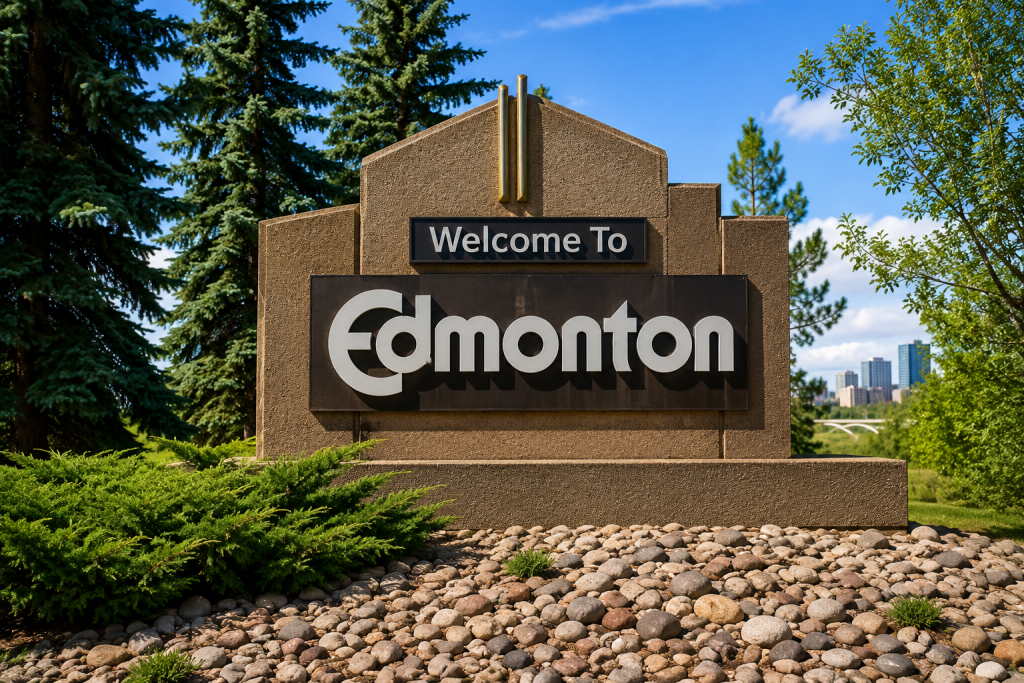 Welcome to Edmonton sign representing the city served by Advanced Fire Protection's commercial and industrial fire protection services.