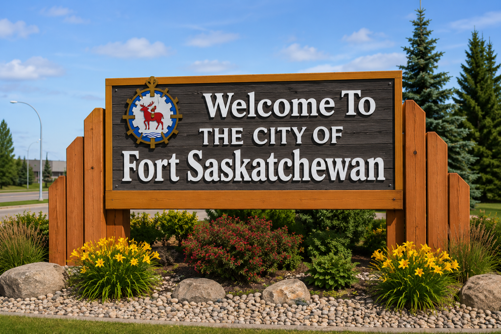 Welcome to Fort Saskatchewan sign representing the community served by Advanced Fire Protection's commercial and industrial fire protection services.