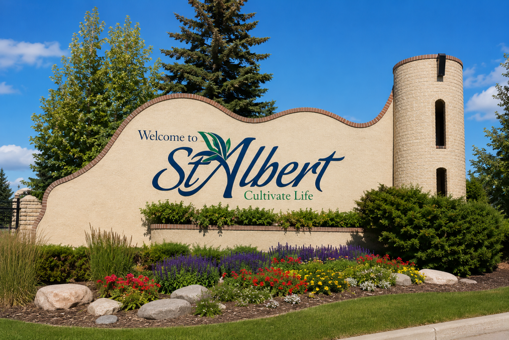 Welcome to St. Albert sign representing the community served by Advanced Fire Protection's commercial fire protection services.