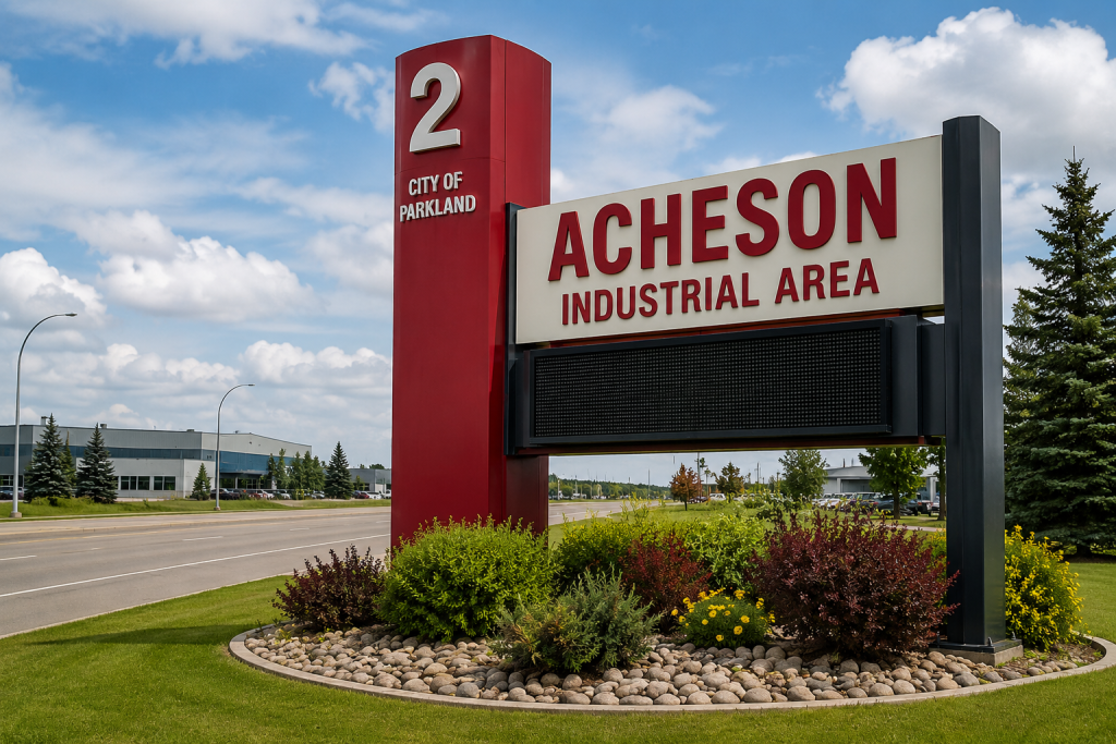Acheson Industrial Area welcome sign representing the industrial business community served by Advanced Fire Protection.