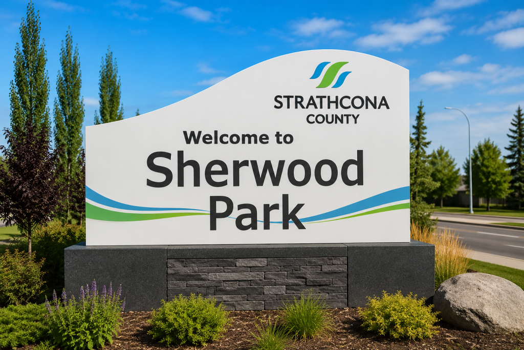 Welcome to Sherwood Park sign representing the community served by Advanced Fire Protection's commercial fire protection services.
