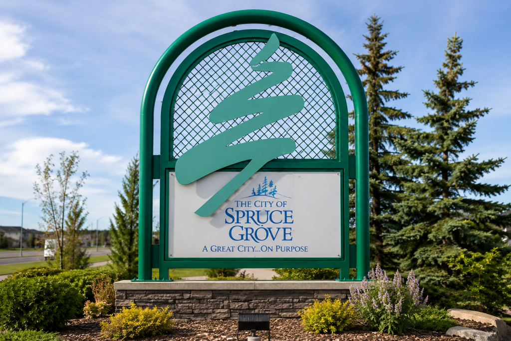 City of Spruce Grove welcome sign representing the community served by Advanced Fire Protection's commercial fire protection services.